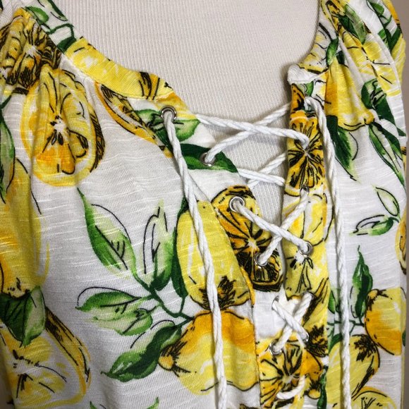 Chaps Lemon Print Yellow & Green Lace Up Front V Neck Top (S) - Picture 3 of 4